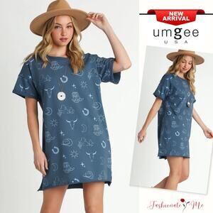 Umgee French Terry Short Sleeves Crew Neck Relaxed Fit Mini Dress | Peacock Blue